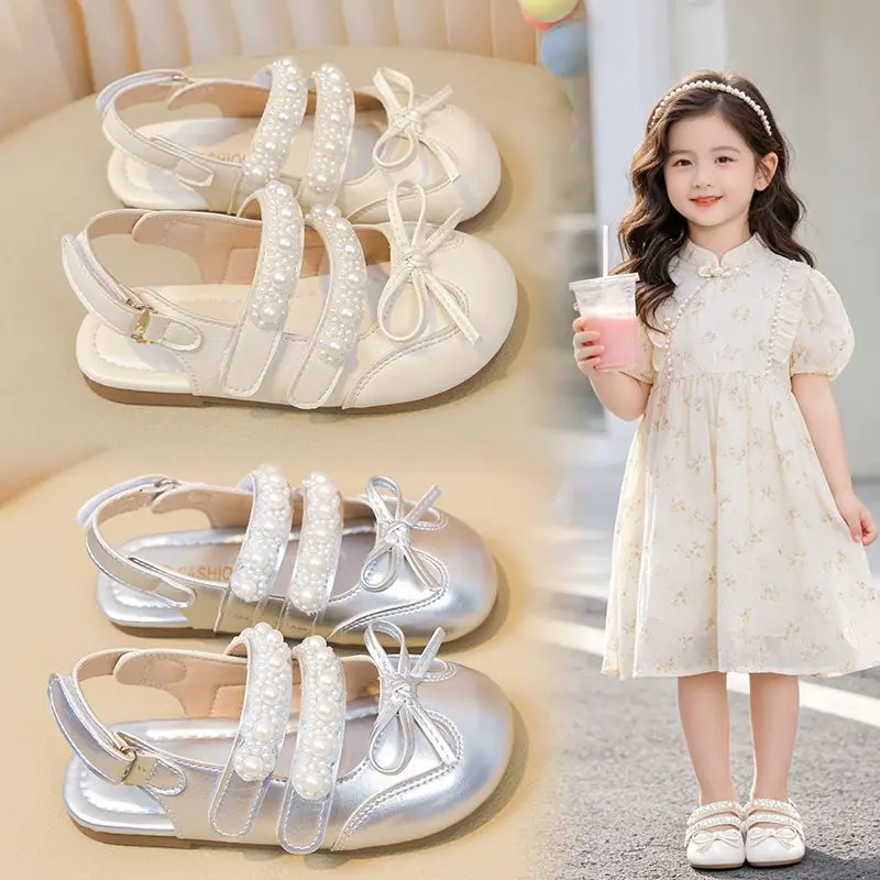 

Girls Pearl Bow Mary Jane Sandals Soft Sole Back Strap Princess Shoes Kids Shiny Closed Toe Sandals Little Girl Rhinestone Shoes