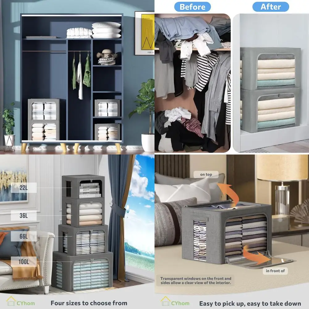 

Складные тканевые контейнеры для хранения с прозрачными стенками и ручками - очень большой объем 100 л, серый цвет