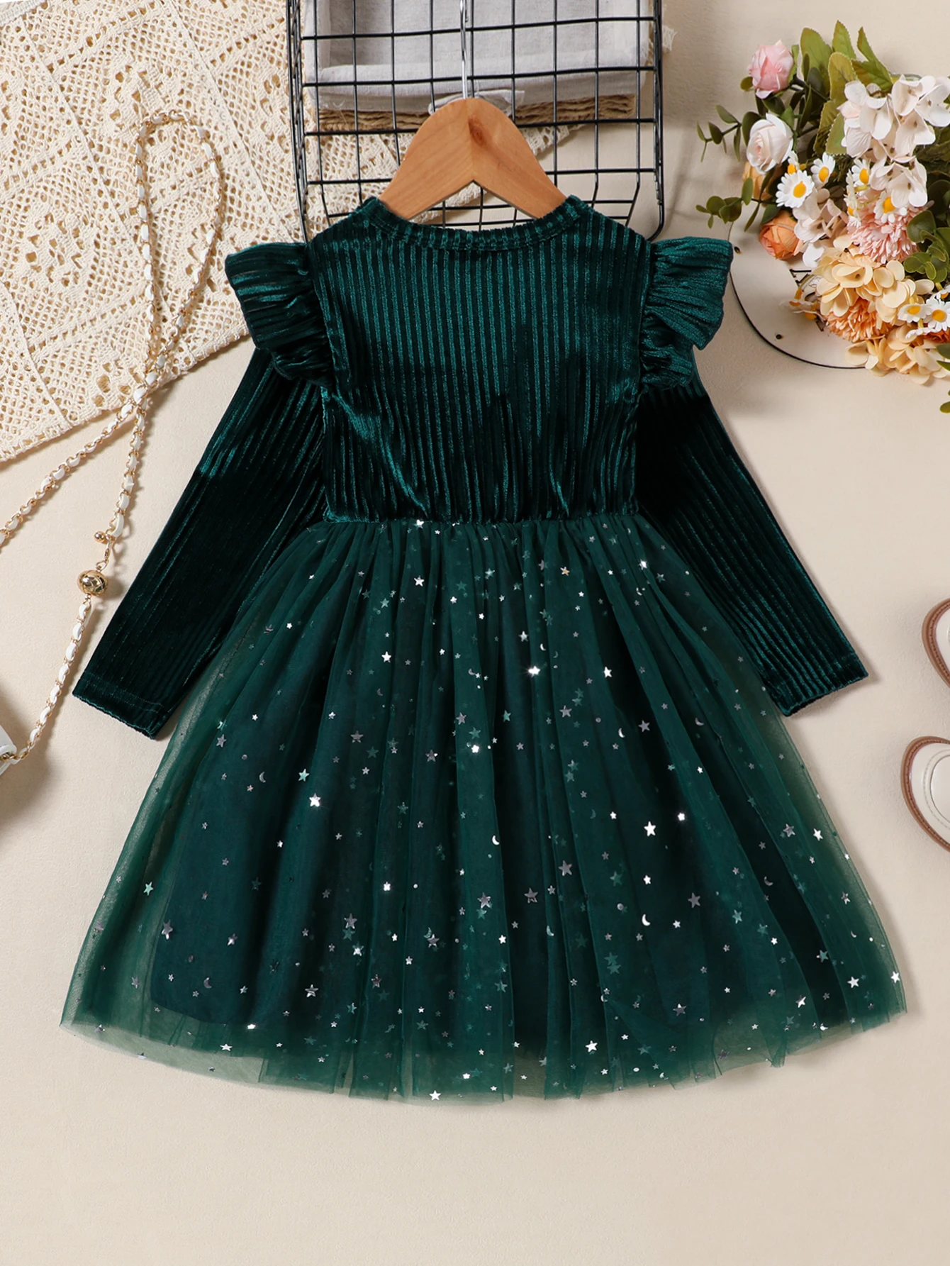 Baby Girl Korean Velvet Pit Stripe Patchwork Mesh Dress