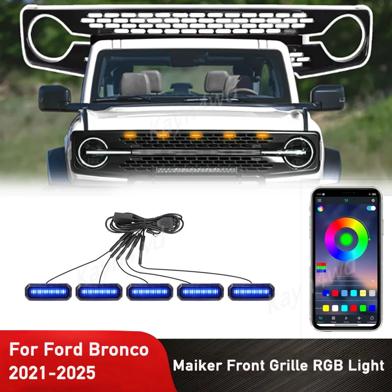 

5PCS RGB LED Grille Lights APP Control For 2021-2025 Ford Bronco Badlands Wildtrak Everglades & Stroppe Edition 2/4 Door
