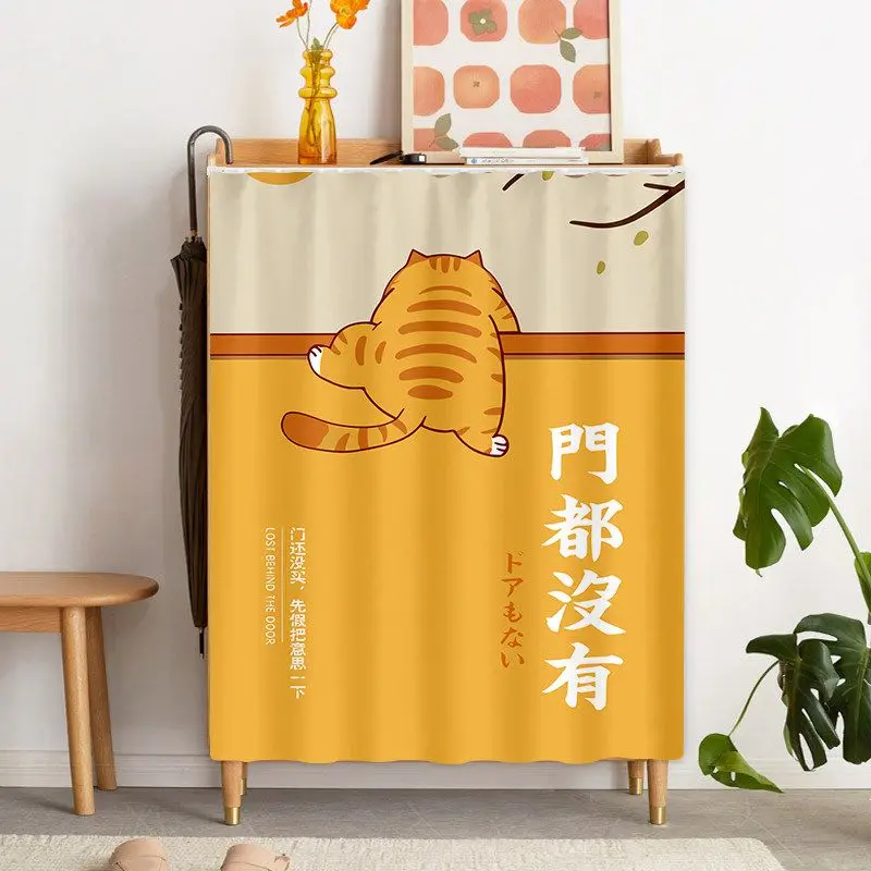 VIKAMA Cute Cat Cabinet Door Curtain Orange Striped Cat Print Furniture Dust Cover No Pole 2D Flat Print Home Dresser