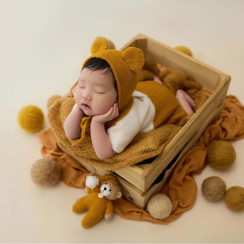 Cute Knitted Baby Jumpsuit Hat Photography Clothing Bear Doll Yarn Ball Shooting Decorative Props Studio Yellow Photo Theme Prop