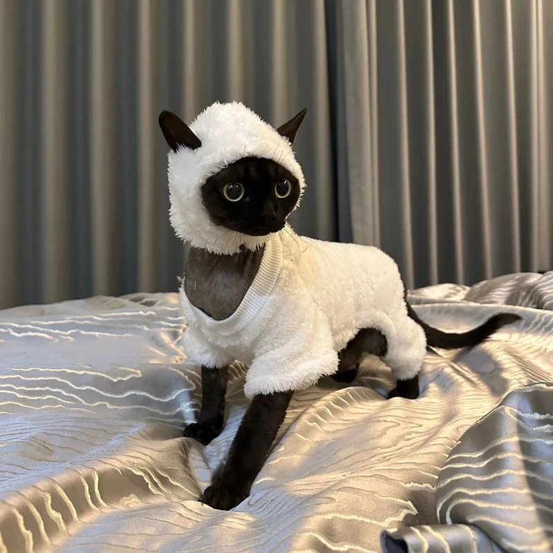 2024 New Hairless Cat Clothes Fall and Winter Thickened Warm Four-legged Pullover Cat Coat Lamb Double-sided Velvet Pet Pajamas