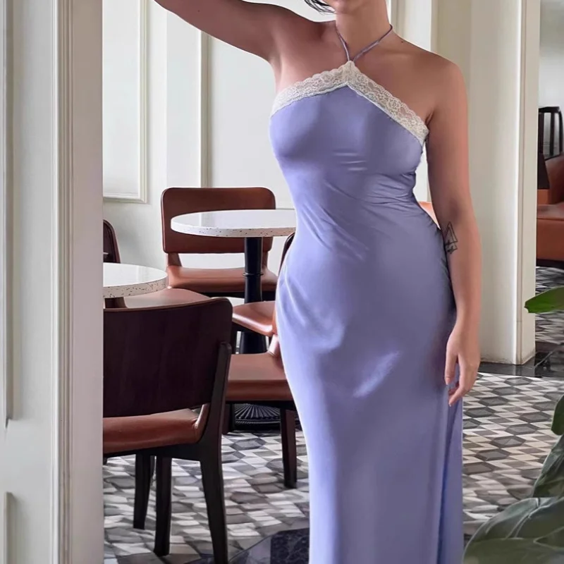 

Elegant Square Shoulders Backless Splicing Satin Dress Women Slim Fit Neck Hanging Midi