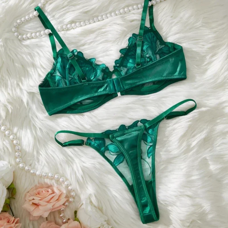 Sexy Lingerie Set Women Transparent Bralette Underwire 2 Piece Bra Floral Embroidery Push Up Bra Panty and Panty Set Underwear