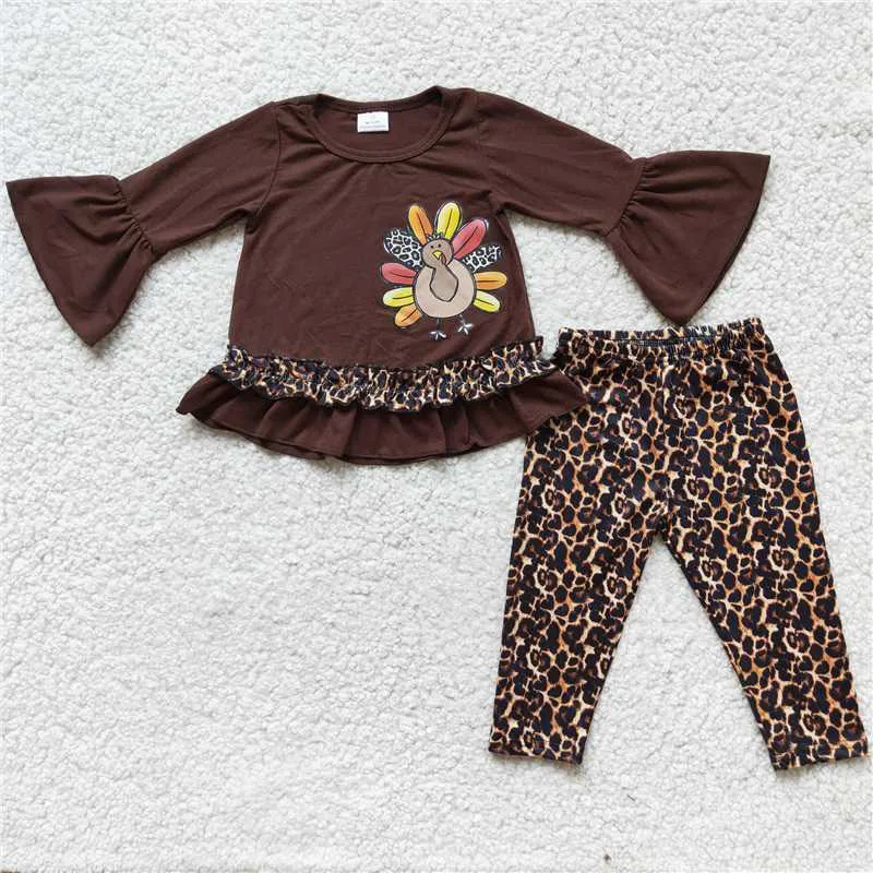 

RTS Spring Fashion Kids Offset Brown Turkey Thanksgiving Leopard Suit Boutique Wholesale Baby Girls Children Clothing Outfits