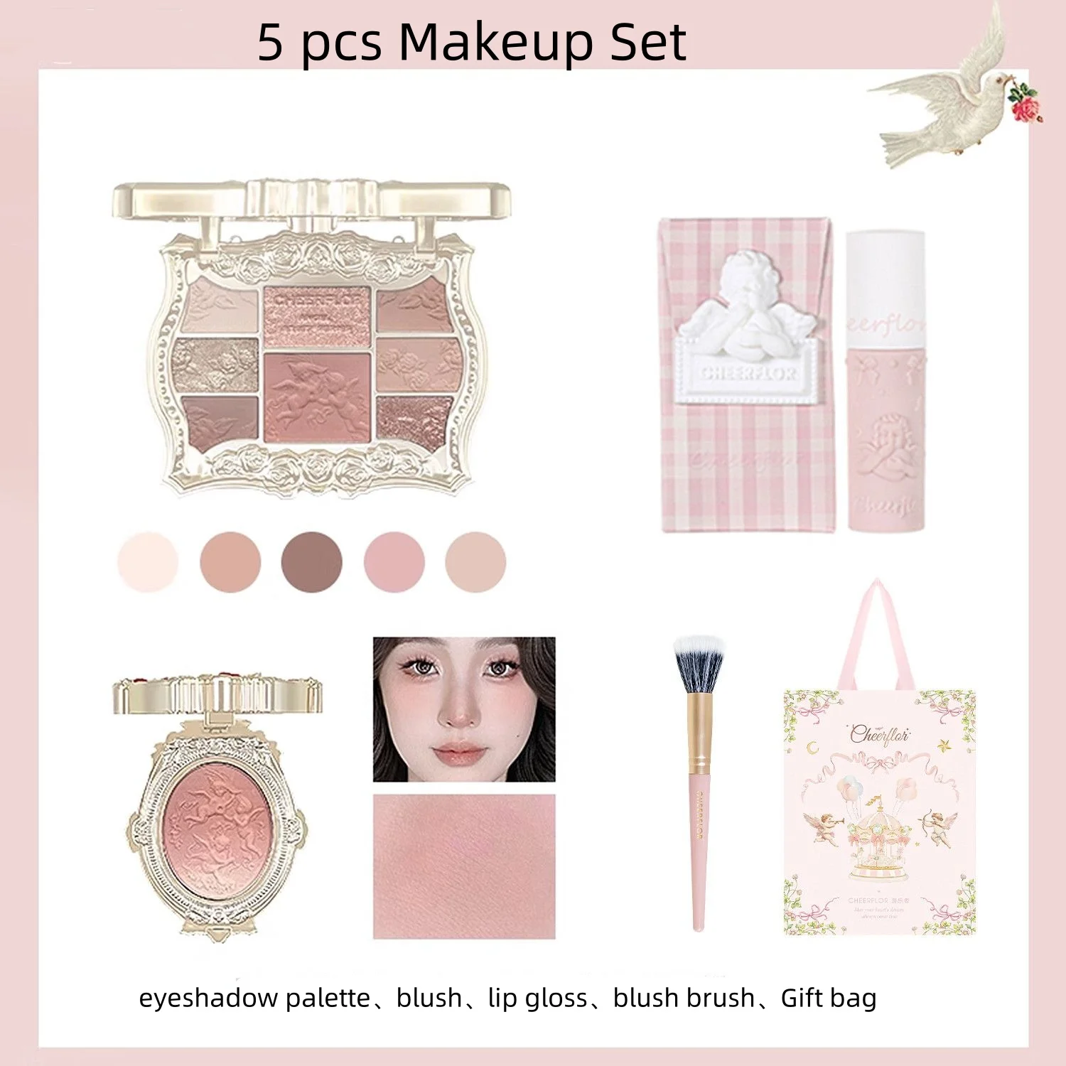 Cheerflor Kit per il trucco tutto in uno per le donne che indossano un set di prodotti per il trucco con ombretto, lucidalabbra e fard in polvere