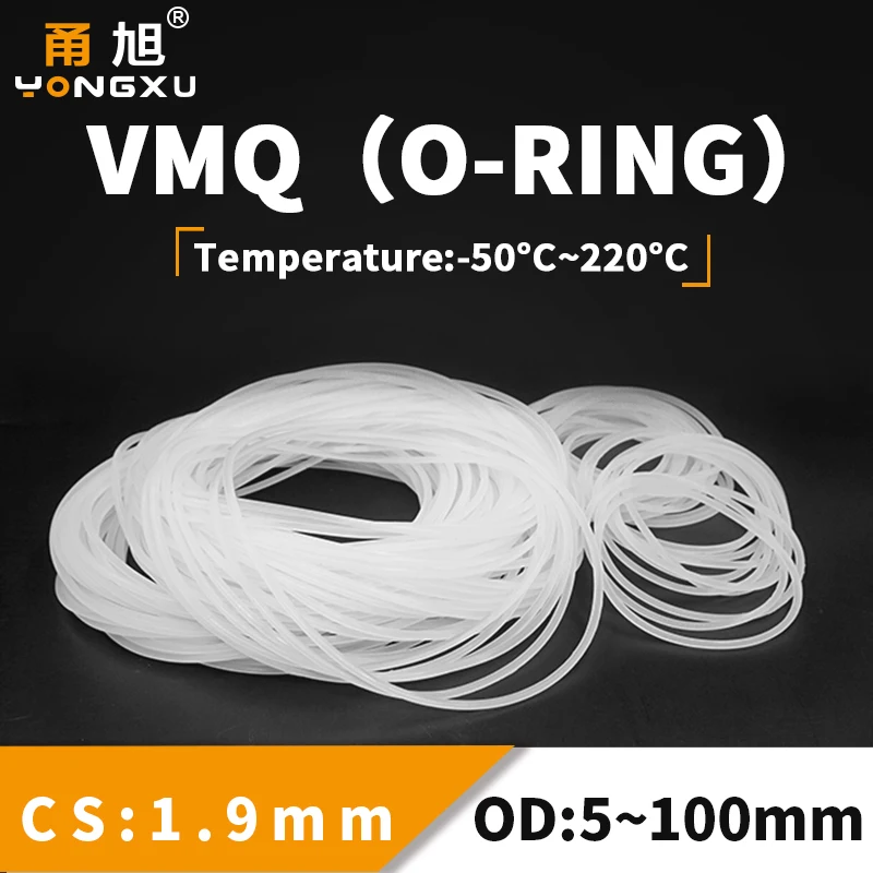 VMQ O Ring Seal Gasket Thickness CS1.9mm OD5-100mm Silicone Rubber Ring Insulation Waterproof Washer Non-toxic White Assortment