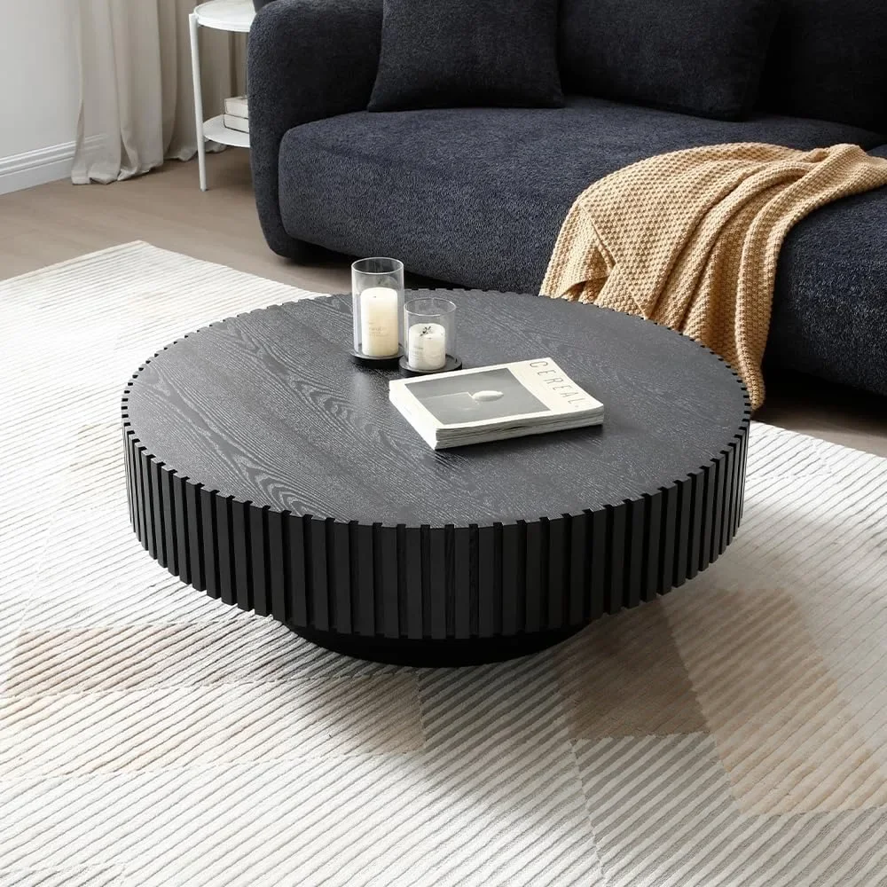 39.4" Black Round Coffee Table, Modern Luxury Wood Circle Drum Center Table for Living Room, Accent Side Table End Table