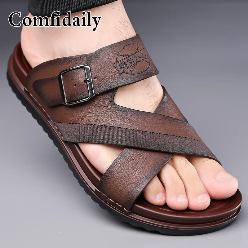 

Casual Cowhide Slide Sandals, Breathable Leather Upper, Durable Sole, Ideal for Beach, Travel and Daily Outdoor Wear