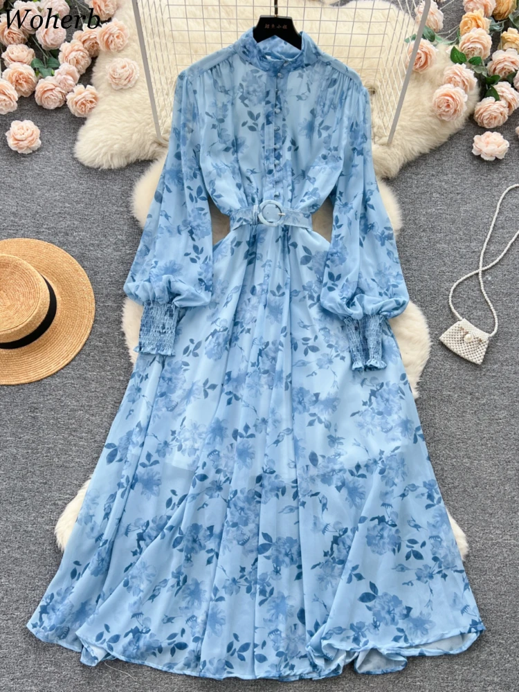 Temperament Korean Dresses Women Clothing 2024 Vestidos De Mujer Single Breasted Belt Robe Femme Sweet Floral Autumn Maxi Dress