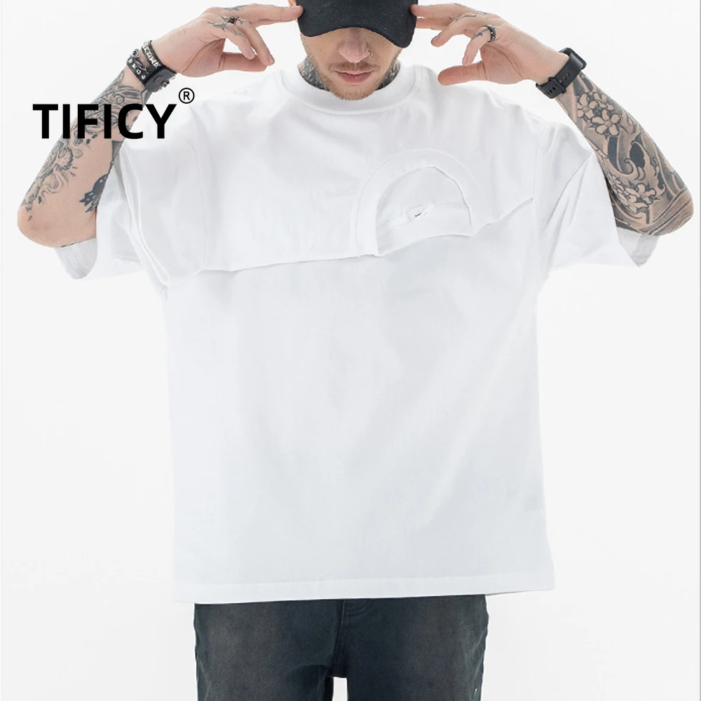 

TIFICY Men's Tees 2025 Spring/Summer New Trendy Brand Creative Irregular Fake Two Piece Short Sleeved T-shirt Tops