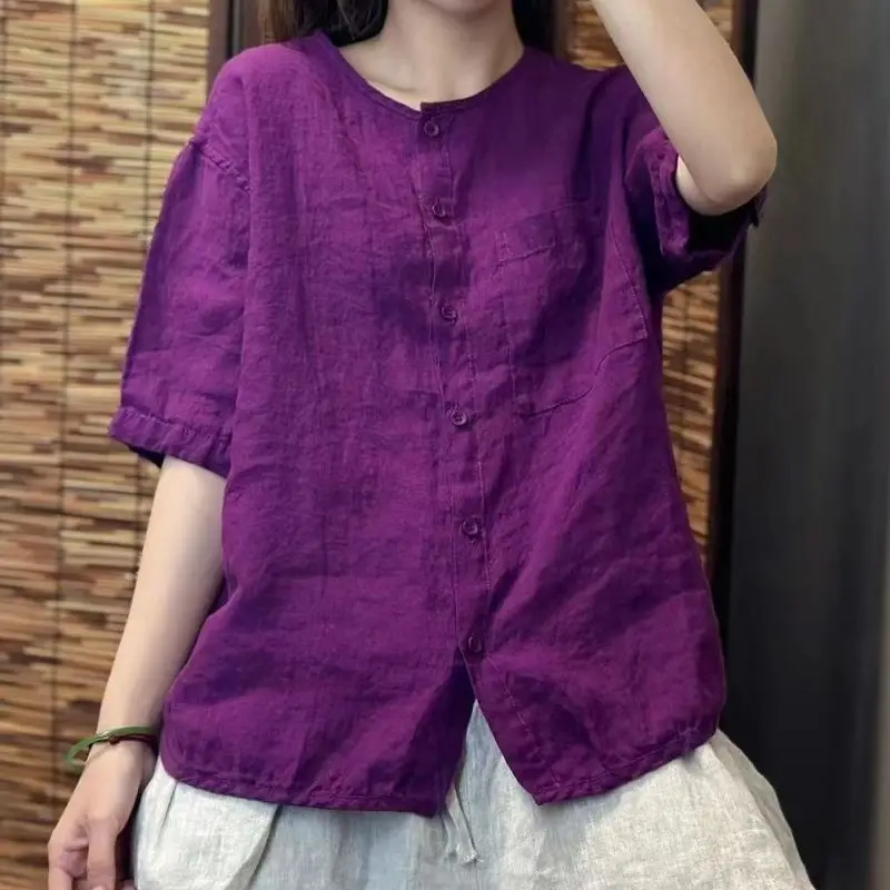 Women Summer Simplicity Loose Elegant Cotton and Linen Solid Color O-neck Short Sleeve Shirts Ladies Casual All-match Thin Tops