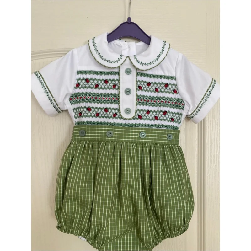 Summer Baby Boys Hand Smocked Ladybug Embroidery Vintage Green Check Plaid Romper Short Sleeve Outfit for Party Birthday A350