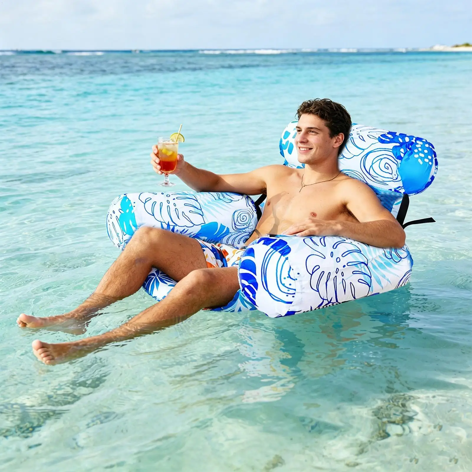 Summer Blue Adult Swim Inflatable Floating Chair Tropical Plant Printed Floating Lounge Chair Essential Equip Fun for Pool