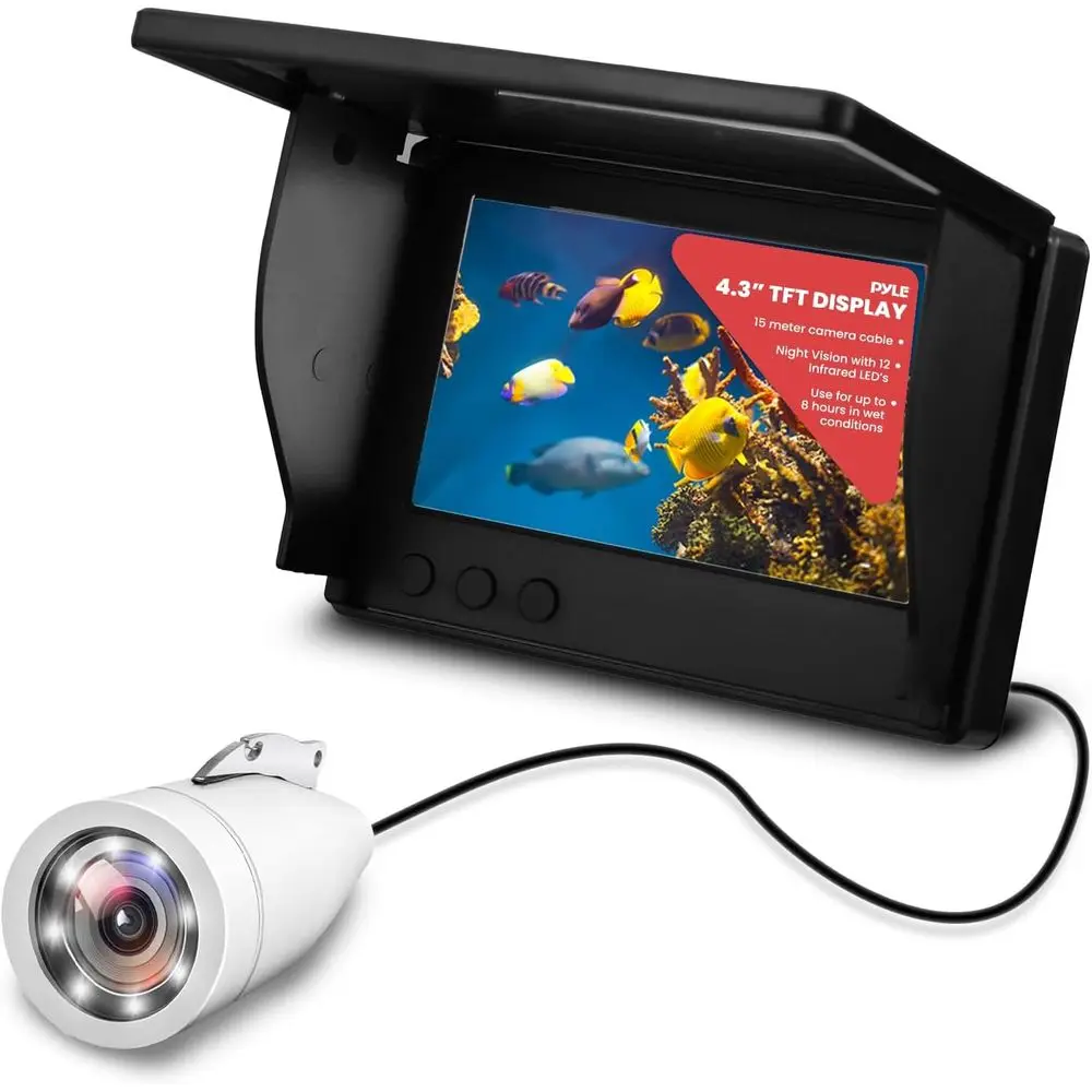 كاميرا Pyle 4.3 بوصة LCD محمولة لصيد الأسماك تحت الماء - مكتشف السمك المقاوم للماء 1000TVL مع 12 مصباح LED بالأشعة تحت الحمراء، تصنيف IP68 لـ Ic #1