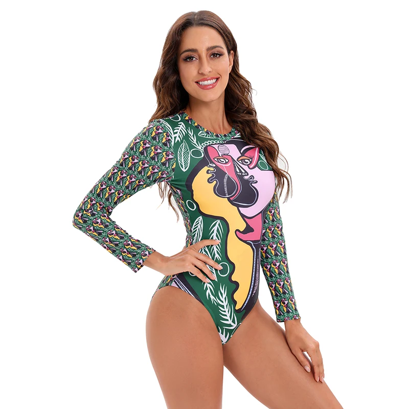 ZAFUAZ Women\'s Floral Print Backles Swimwear One Piece Swimsuit Long Sleeve Surfing Rash Gurads Bathing Suit  Beach Wear Sw