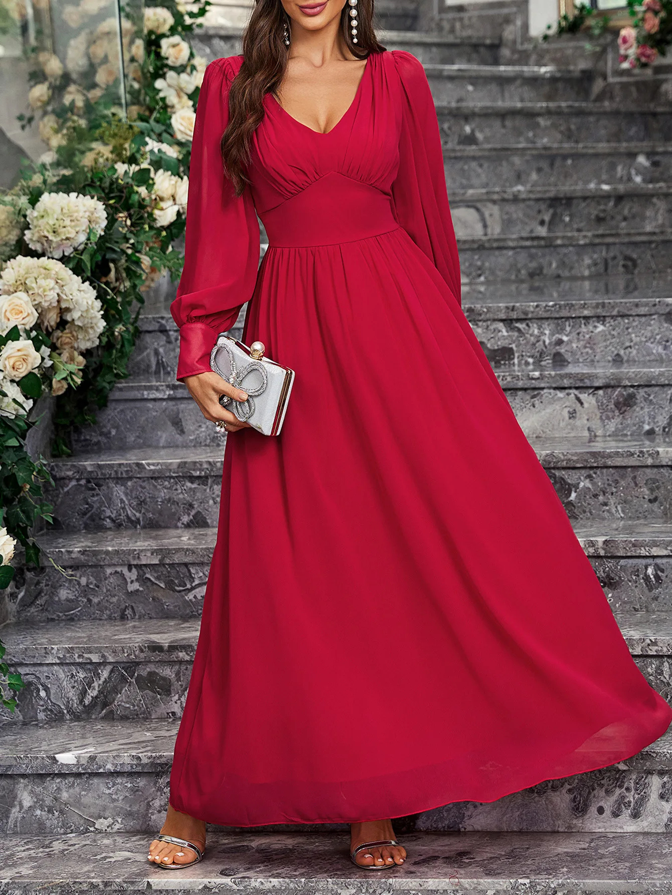 New Women'S Chiffon Sleeve Evening Gown Double V Neck A Line Party Gown High Waist Floor Length Evening Gown Vestidos Para Mujer