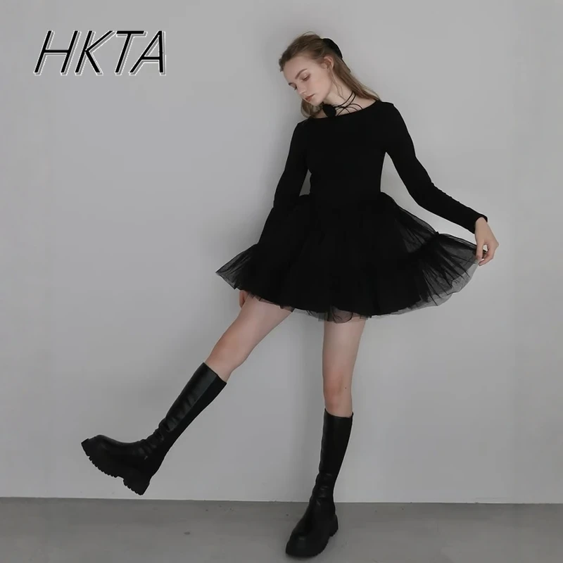

Japanese Women Dresses High Waist Tulle Splicing Slim Long Sleeve Thin Terry Midi Dress Girls Spring Summer New Mesh Puffy Dress