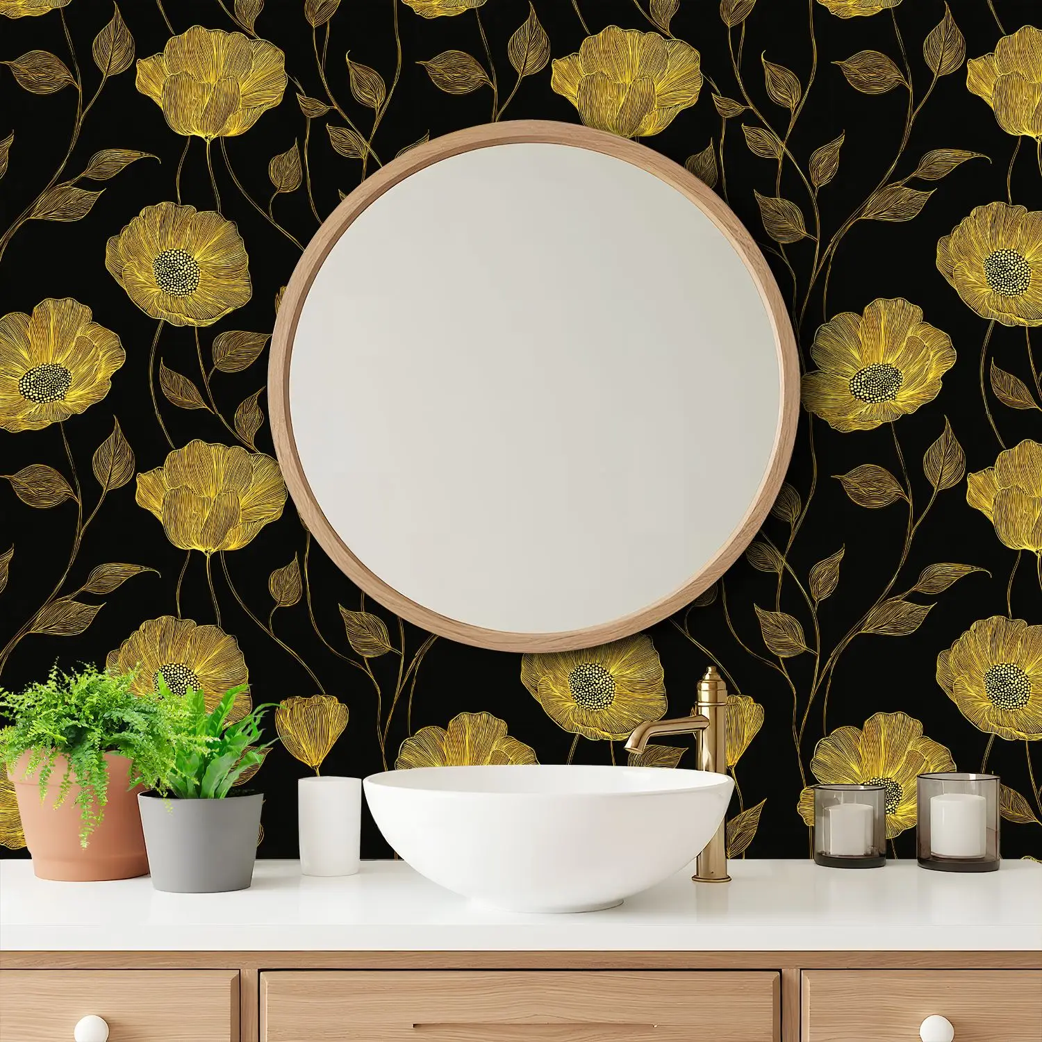 Geel Bloemen Lijntekeningen Zwart Behang 22.83 "X 118" Waterdicht Behang voor Woonkamer/Slaapkamer/Badkamer PVC Muursticker
