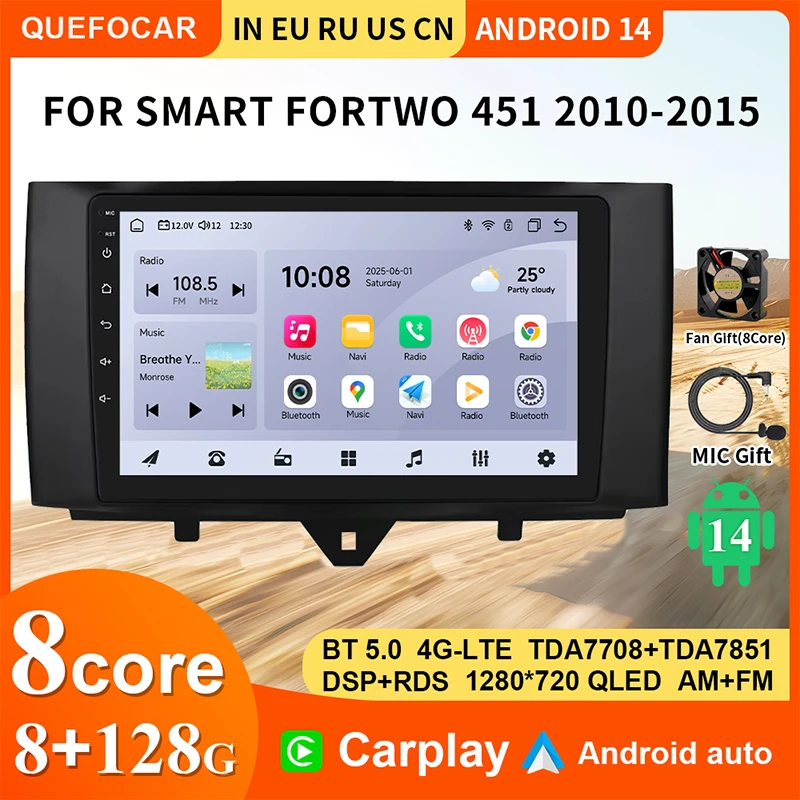 

Carplay 4G 360 Camera Android 14 Smart for Fortwo Car Radio 2011-2015 Multimedia Video Player GPS 2Din Autoradio 7862 Radio