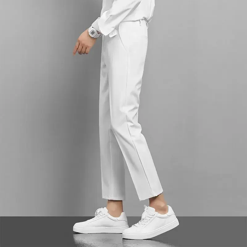 9 Cropped Male Suit Trousers Straight White Men\'s Summer Pants Tailoring 2024 Designer Clothes Luxury Korean Style Stylish Dress