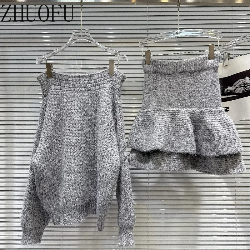Women Gray Off Shoulder Knit Sweater Ruffle Layered Mini Shorts Two Piece Sets Y2k Knitwear Elegant Autumn Winter Female New