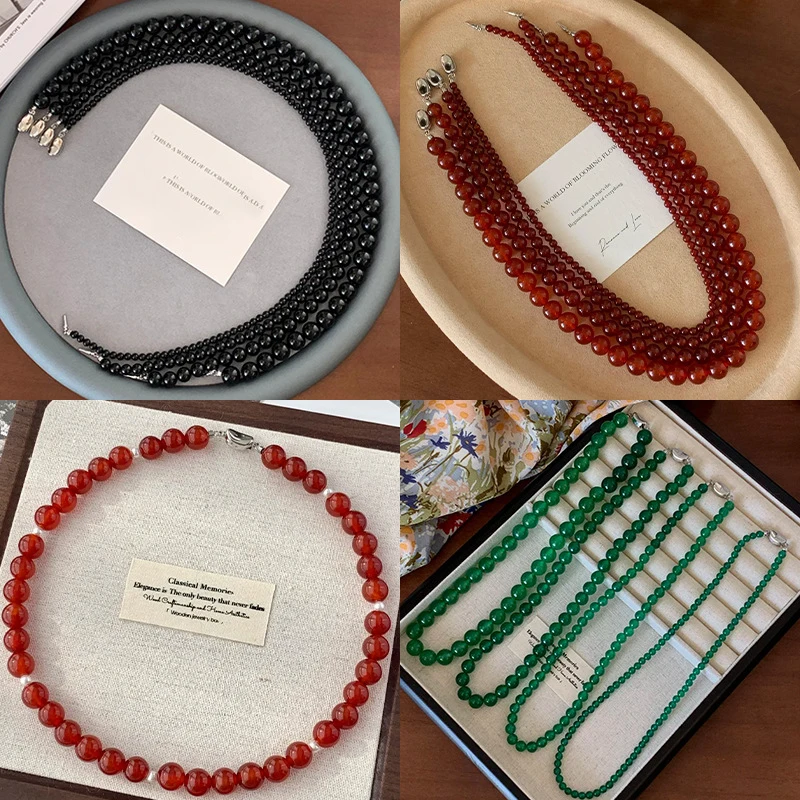 

Green chalcedony beads, natural agate, S925 silver necklace with ingot clasp pendant and bone chain