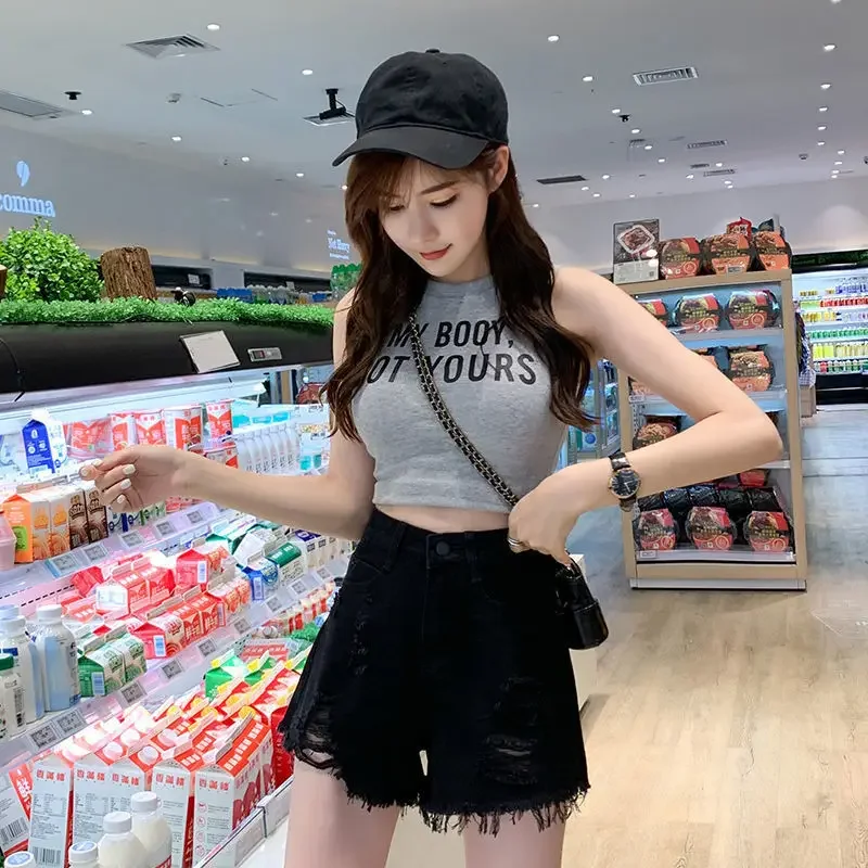 ショート丈ジーンズパンツ レディース ダメージ加工 ハイウエスト デニムショートパンツ ワイド ブラック ファッション ウェア 2024 クラシック 韓国スタイル 新作