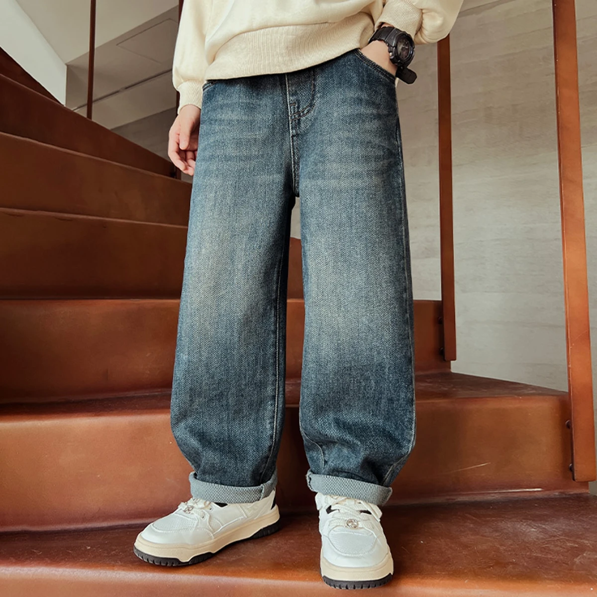 Vintage Boys Jeans Knife Edge Distressed Cool Children Long Pants Fashionable Retro Trousers for Kids Middle And Large Size