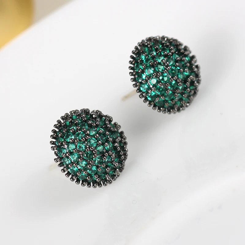 Druzy Green Round Punk Stud Earrings for Women Black Gold Color AAA Cubic Zirconia Bohemia Romantic Small Earings Africa Jewelry