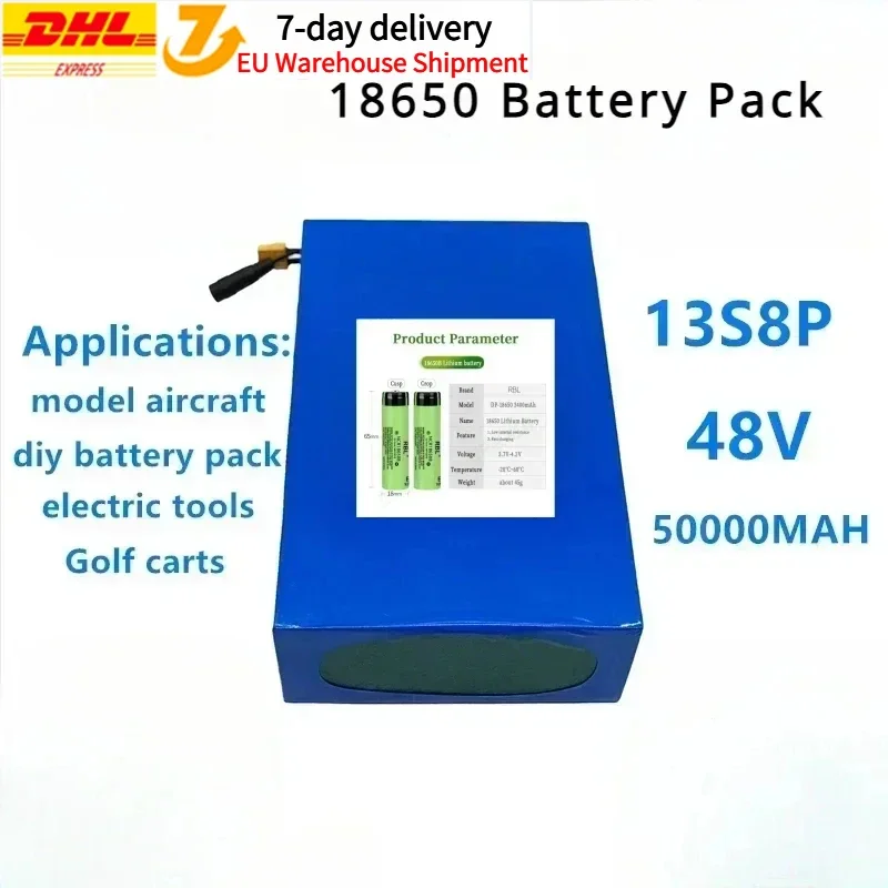 Lithium Ion Battery Pack, 13S7P, 100% Original, Built-in BMS, 48V, 50Ah, 1000W, 54.6V, 2A  18650 Battery Combination