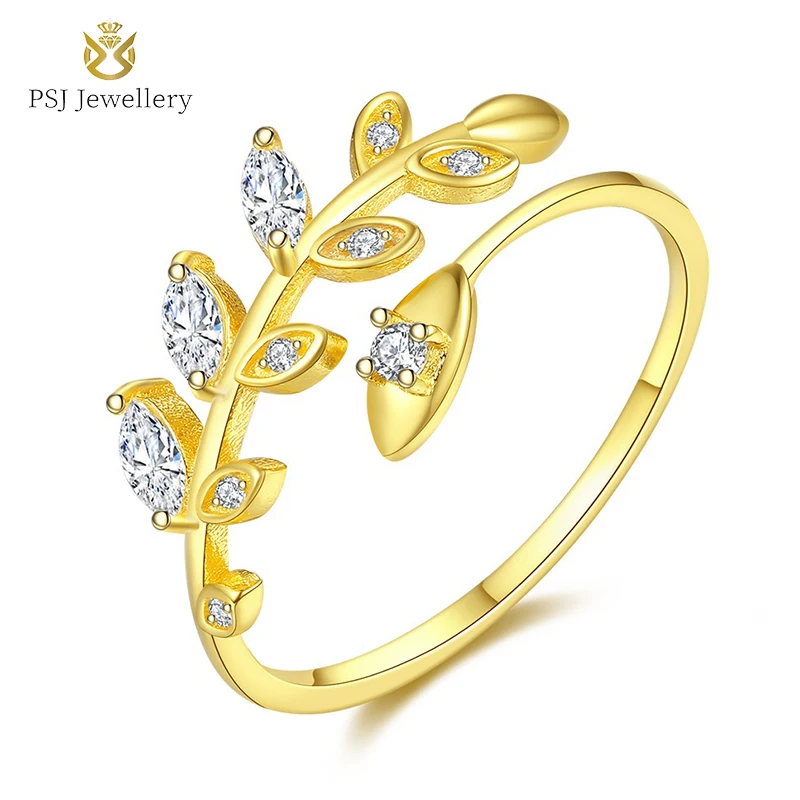 

PSJ Fashion Charm Jewelry Olive-Leaf Design Rhodium / Gold Plated Cubic Zircon Adjustable 925 Sterling Silver Ring for Women