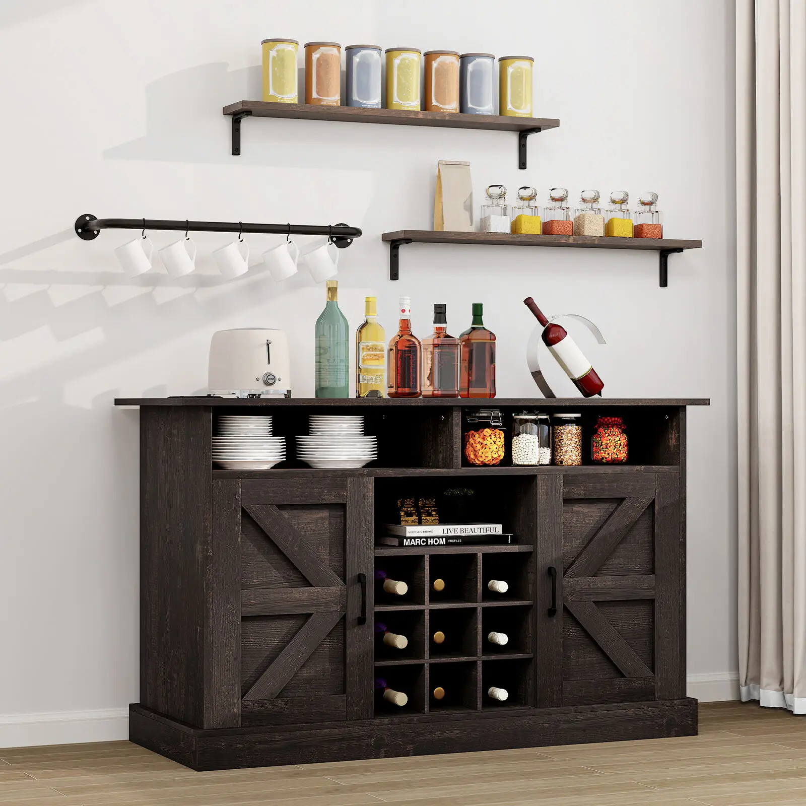 

47"/52" Coffee Bar Cabinet Sideboard Buffet Cabinet w/Floating Shelves