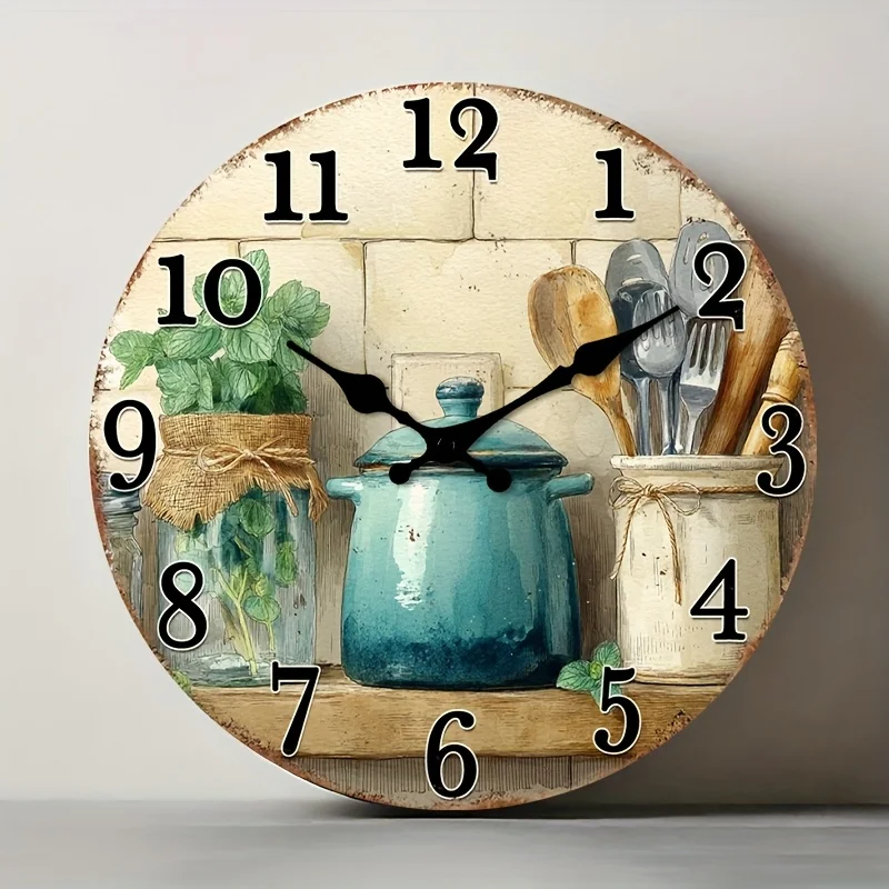 A Non-scale Wooden 2D Flat Wall Clock with a Circular Design Featuring Herbal Plants, Suitable for Kitchens and Various