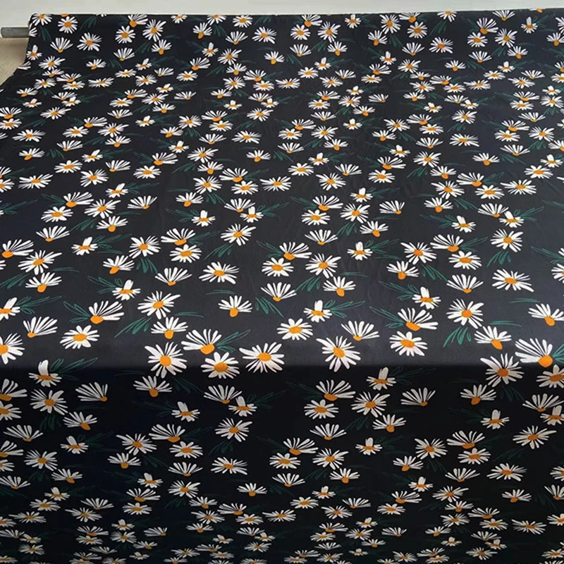 114CM Wide 16MM Daisy Printed Black Silk Crepe de Chine Fabric for DIY Sewing Summer Soft Dress Pants Pajamas C001-50