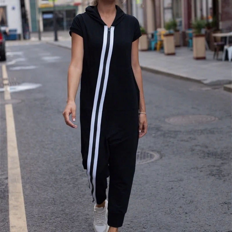 

Women's Clothing Sports Style Women's Short Casual Jumpsuits Long Sleeves Fashion Contract Color Zipper Hooded Jumpsuits