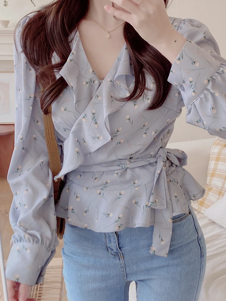 2022 Autumn Short Cute Tops Hot Sales Women Shirt Preppy Korean Japanese Style Date Girls Floral Ruffled Peplum Top Blouse 3122