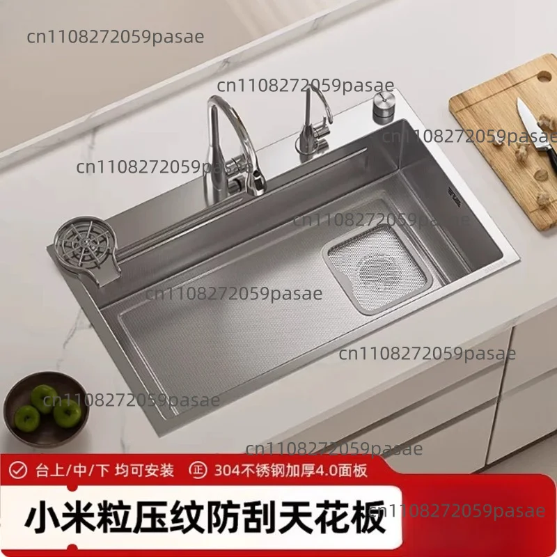 Kitchen Large Single Sink Dishwashing Sink 304 Stainless Steel Embossed Multifunctional Vegetable Basin Clean