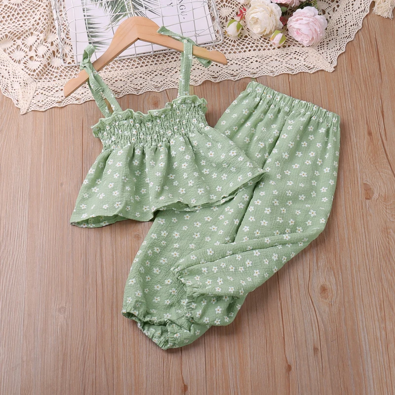 Girls Fashionable  Casual Set  Floral Sling Top Anti-mosquito Pants Set