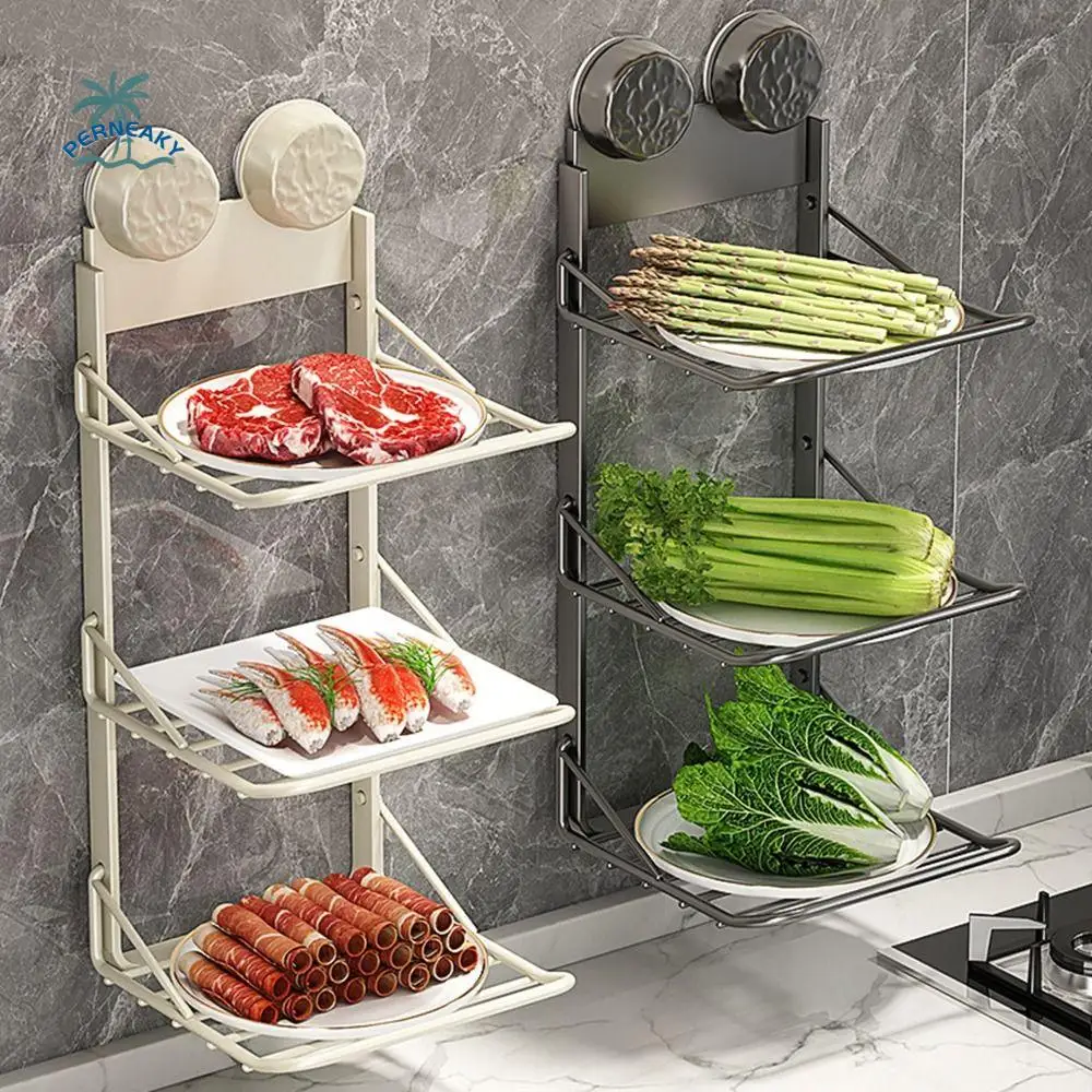 

Carbon Steel Suction Cup 3 Layers Storage Tray Punch-Free Foldable Side Dish Vegetable Tray Removable Space Saving