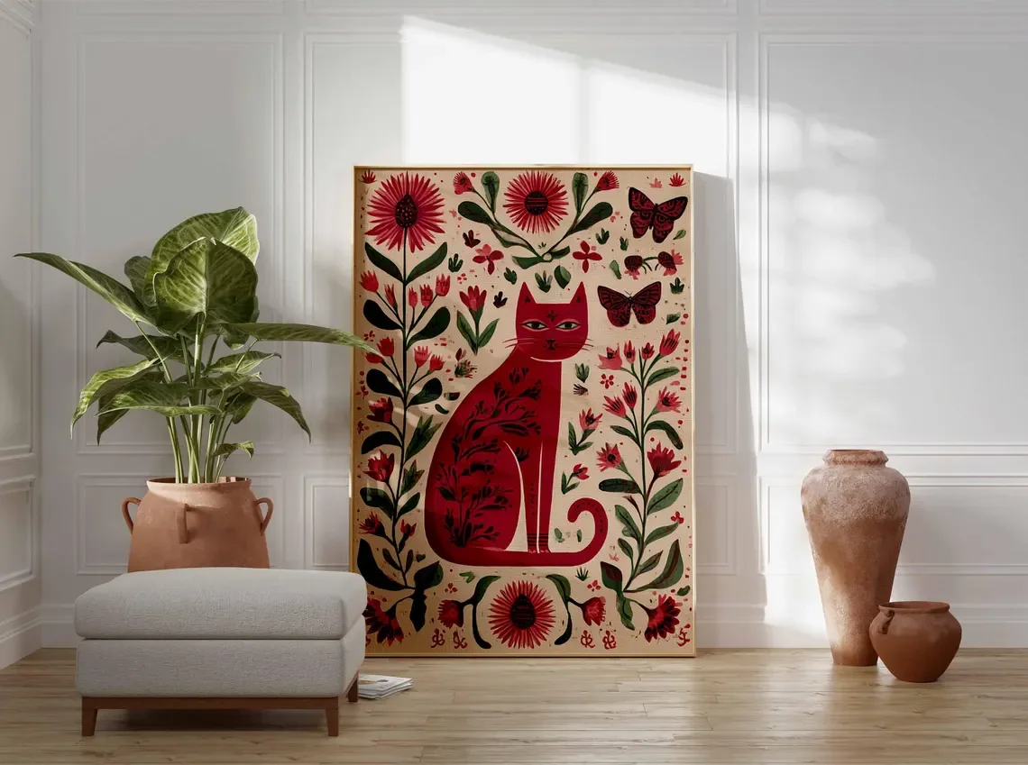 Floral Cat Wall Art Print, Folk Art Inspired Poster with Flowers and Butterfly, Boho Animal Artwork, Nature Home Decor, Floral C