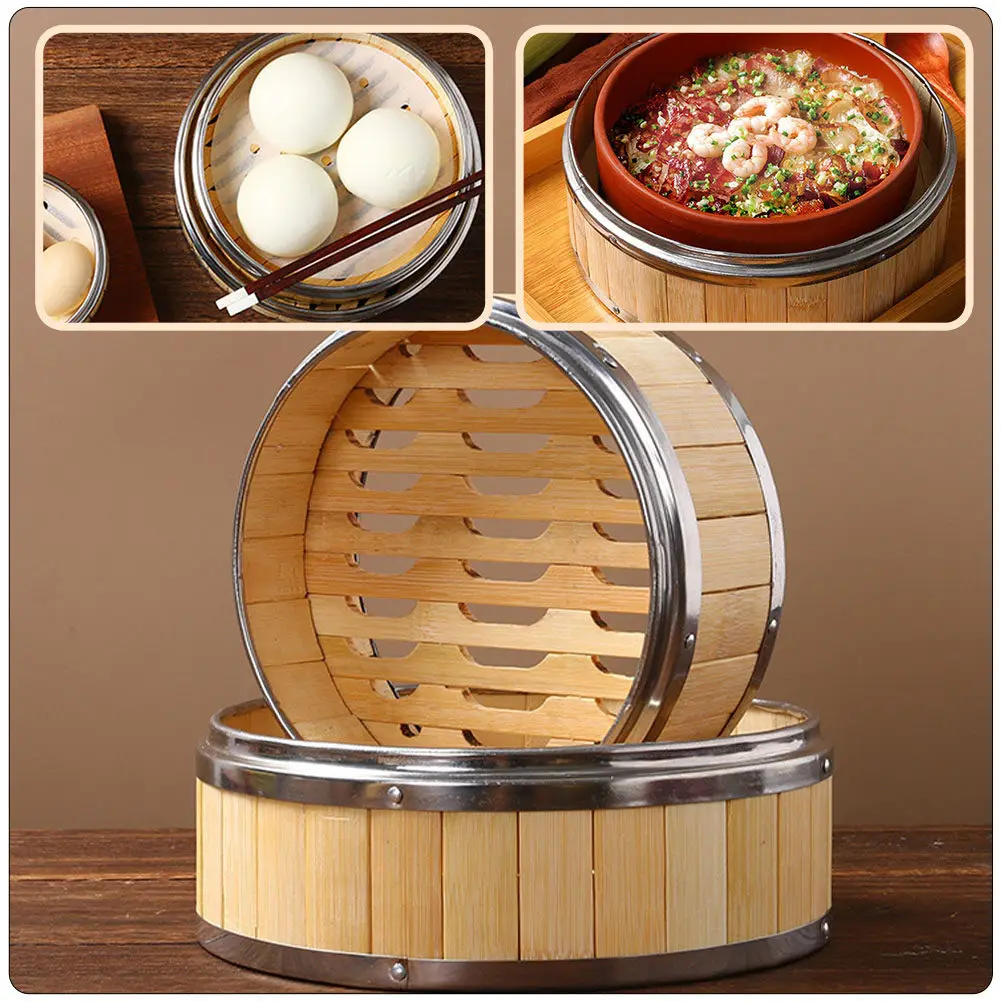 

1Set Bamboo Food Steamer Basket Metal Rim High Temperature Resistant Steamed Buns Dumpling Steamer Cooking Tool