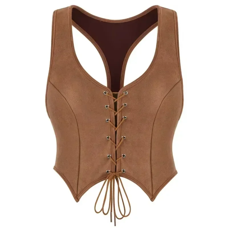 

Коричневый средневековый жилет викингов, женский винтажный корсет с бретелями, стимпанк, пиратский бюстье, топ, косплей, Хэллоуин