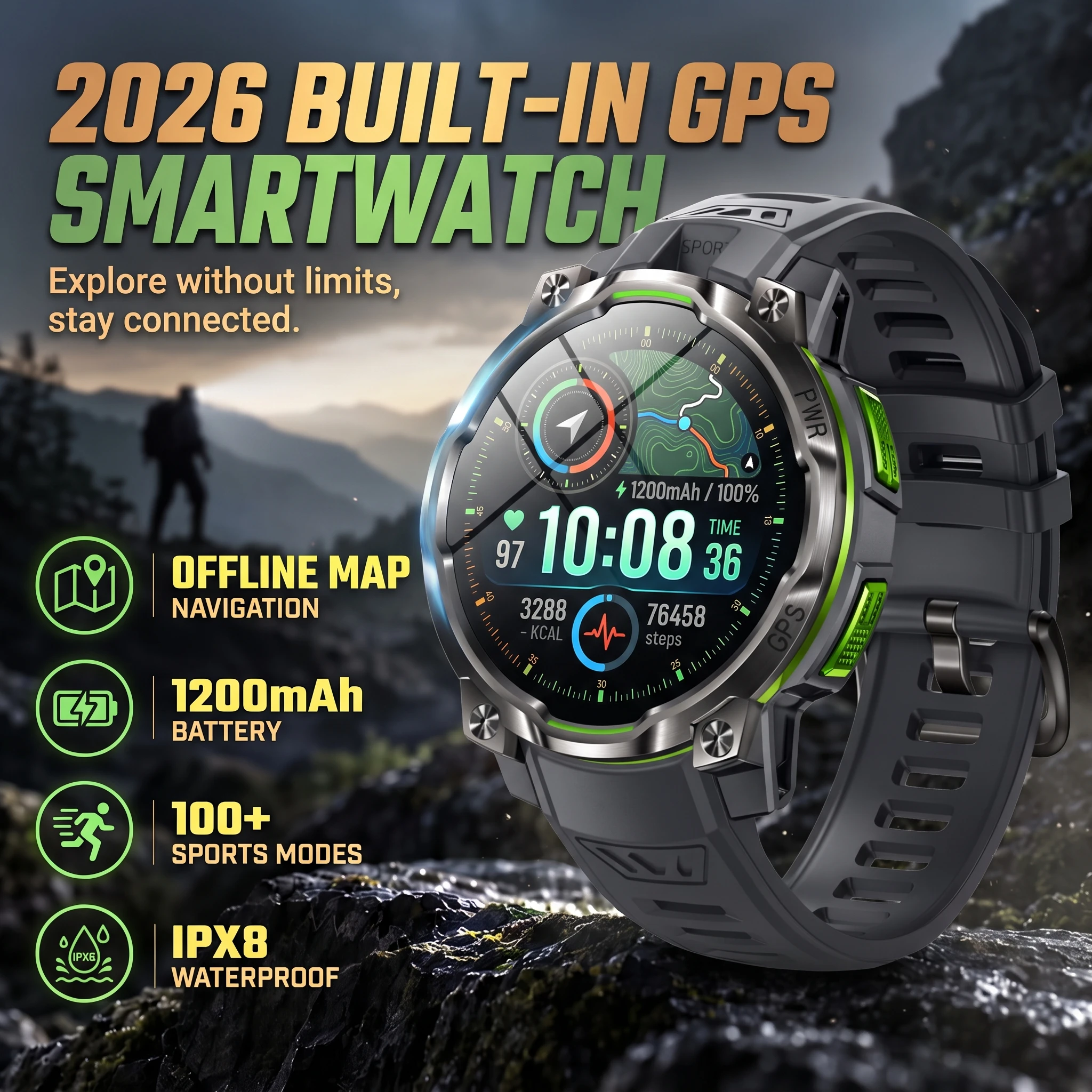 2026 New Built-in GPS Offline Map Outdoor Smartwatch 1200mAh battery 100+ Sports Fitness Tracking waterproof AI Sports Watch Men