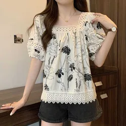 Fashion Square Collar Spliced Folds Printed Lace Blouses Female Clothing 2024 Summer New Loose Sweet Tops Puff Sleeve Shirts