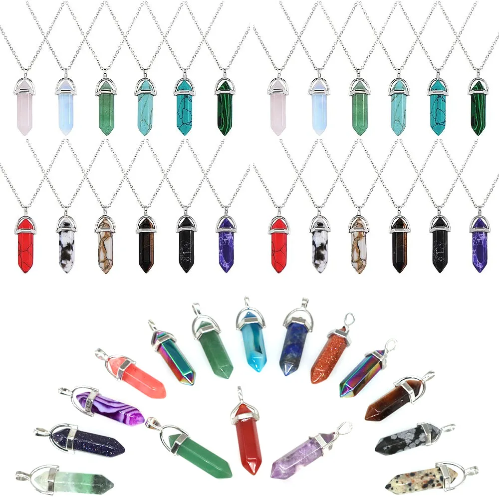 Natural Gem Stone Quartz Crystal Obsidian Hexagonal Column Pendulum Reiki Pendant Charms for Jewelry Making Necklace Accessories