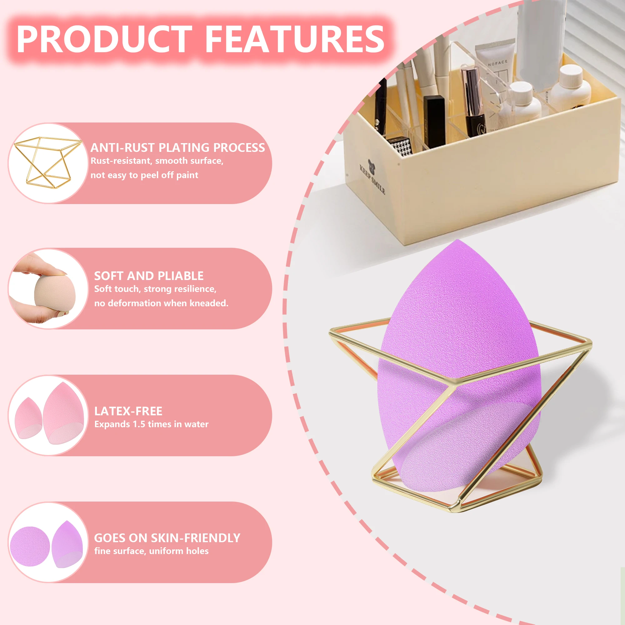 6-delige make-upsponsset + metalen houder, latexvrije schoonheidsspons voor het mengen van foundation, vloeistof, crème en poeder