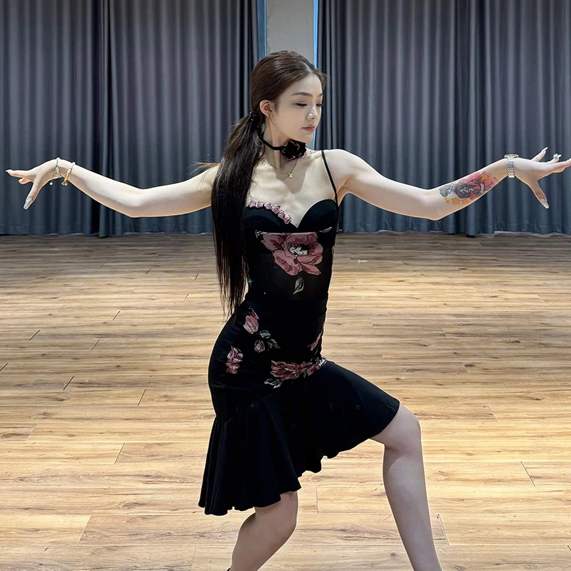 Vêtements de danse latine pour femmes adultes, body Sexy à bretelles, jupe irrégulière, robe de danse Rumba, vêtements de Performance pour Club Salsa, VBH1522
