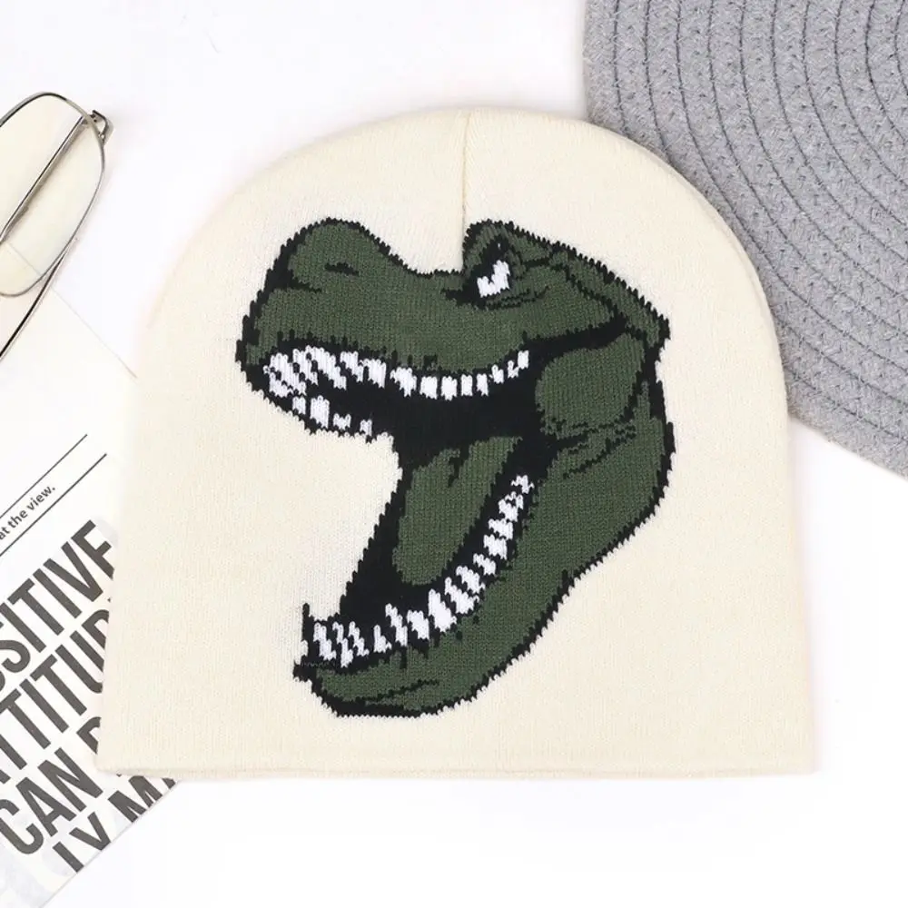 New Knitted Dinosaur Beanie Warm Dinosaur Pattern Winter Beanie Stretch Fit Pullover Pullover Knit Cap Daily Outfits